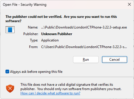 Windows asks whether to run the file. It says the publisher could not be verified.