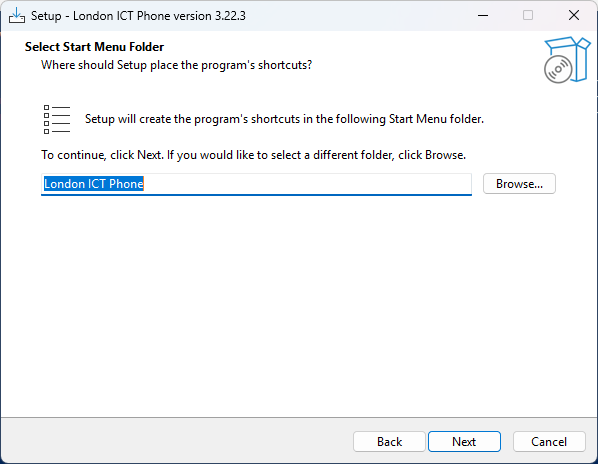The page asking which Start menu folder to use.
