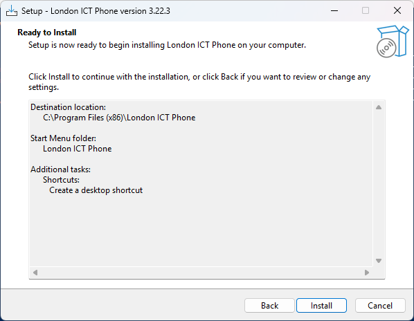 The summary page listing where the app will go, with an Install button.