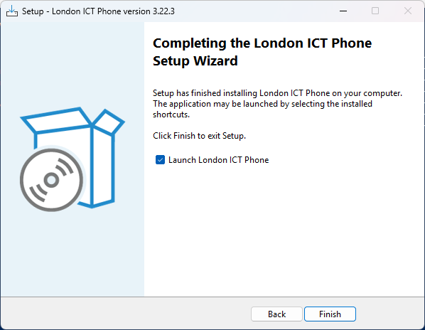 The final page of the installer, with Launch London ICT Phone ticked.