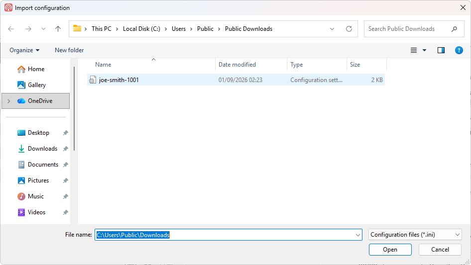 A file picker showing the folder with the settings file in it.