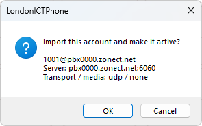 A box asking: import this account and make it active? It shows the extension number and the server.