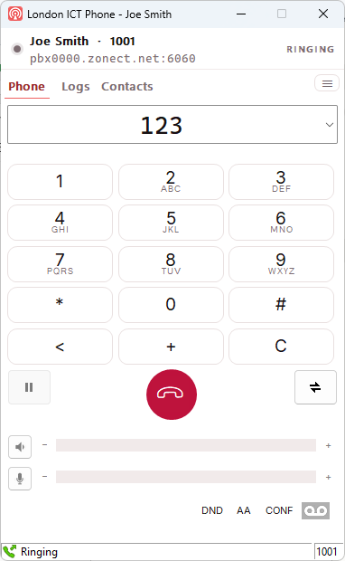 The call in progress, showing RINGING.