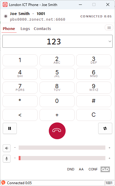 The call connected, showing CONNECTED and a timer counting up.