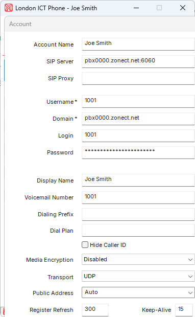 The account window showing the account name, server, username, domain and display name.